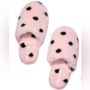 Victoria’s Secret NWT Faux Fur Angel Pink Black Polka Dot Slippers Medium 7/8